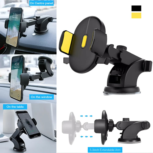 Yellow and black telescopic car phone holder with extendable arm and suction cup mount on dashboard