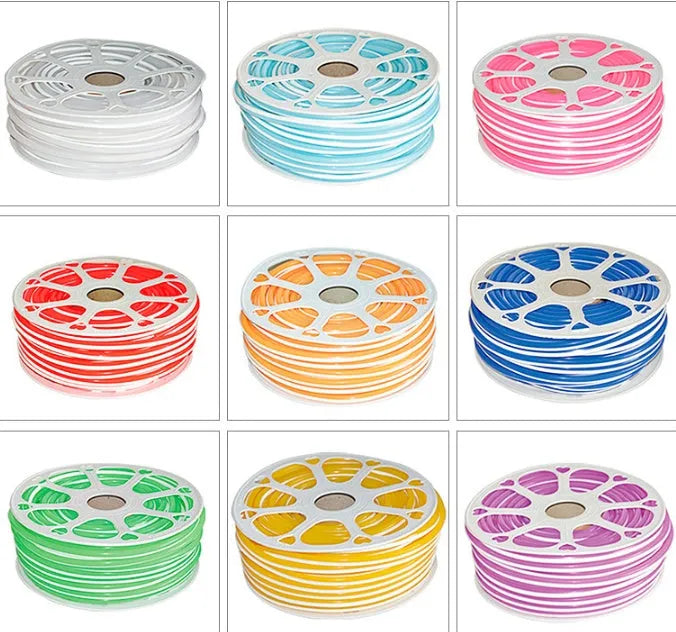 Flexible silicone neon light bar showing 8mm width and available in multiple colours on 50 metre roll