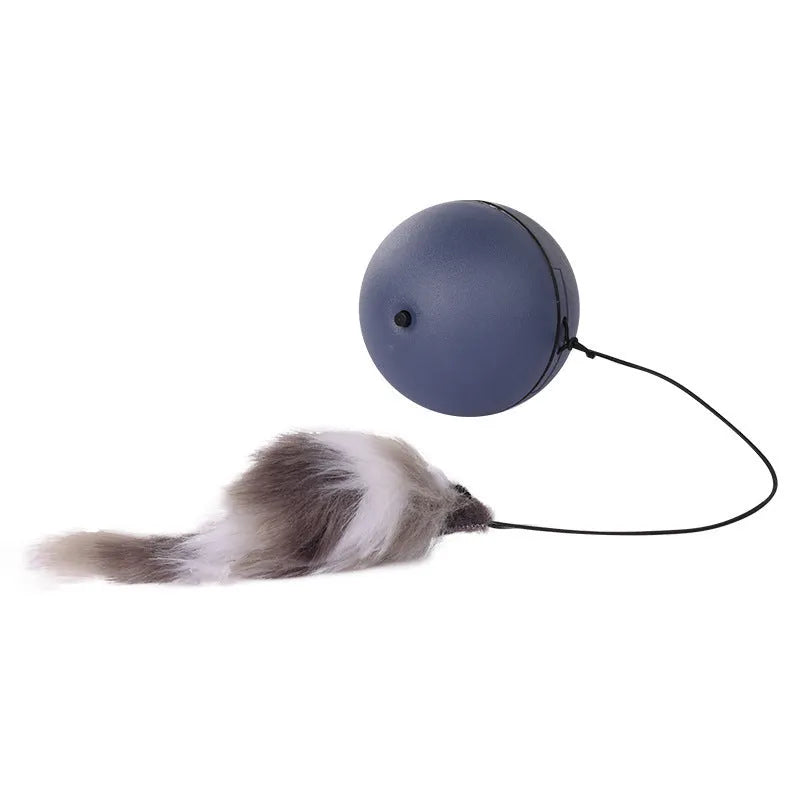 Blue and orange interactive cat toy ball with plush mouse attachment for feline exercise