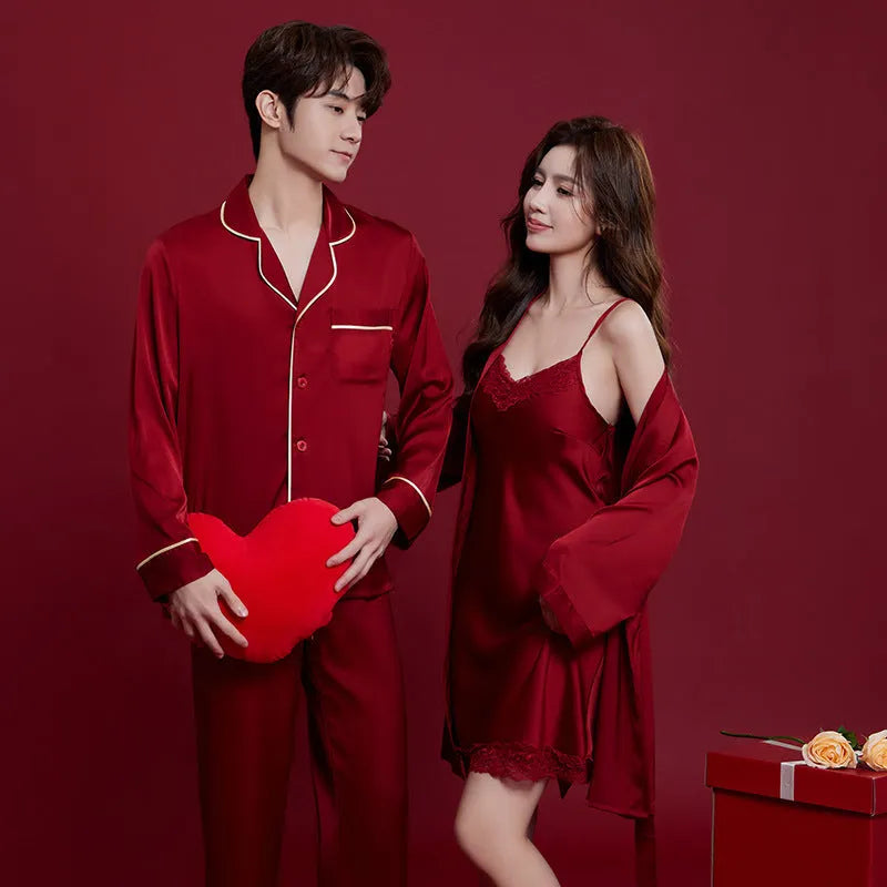 Red ice silk polyester wedding dowry pyjama set for men and women with long sleeves and trousers