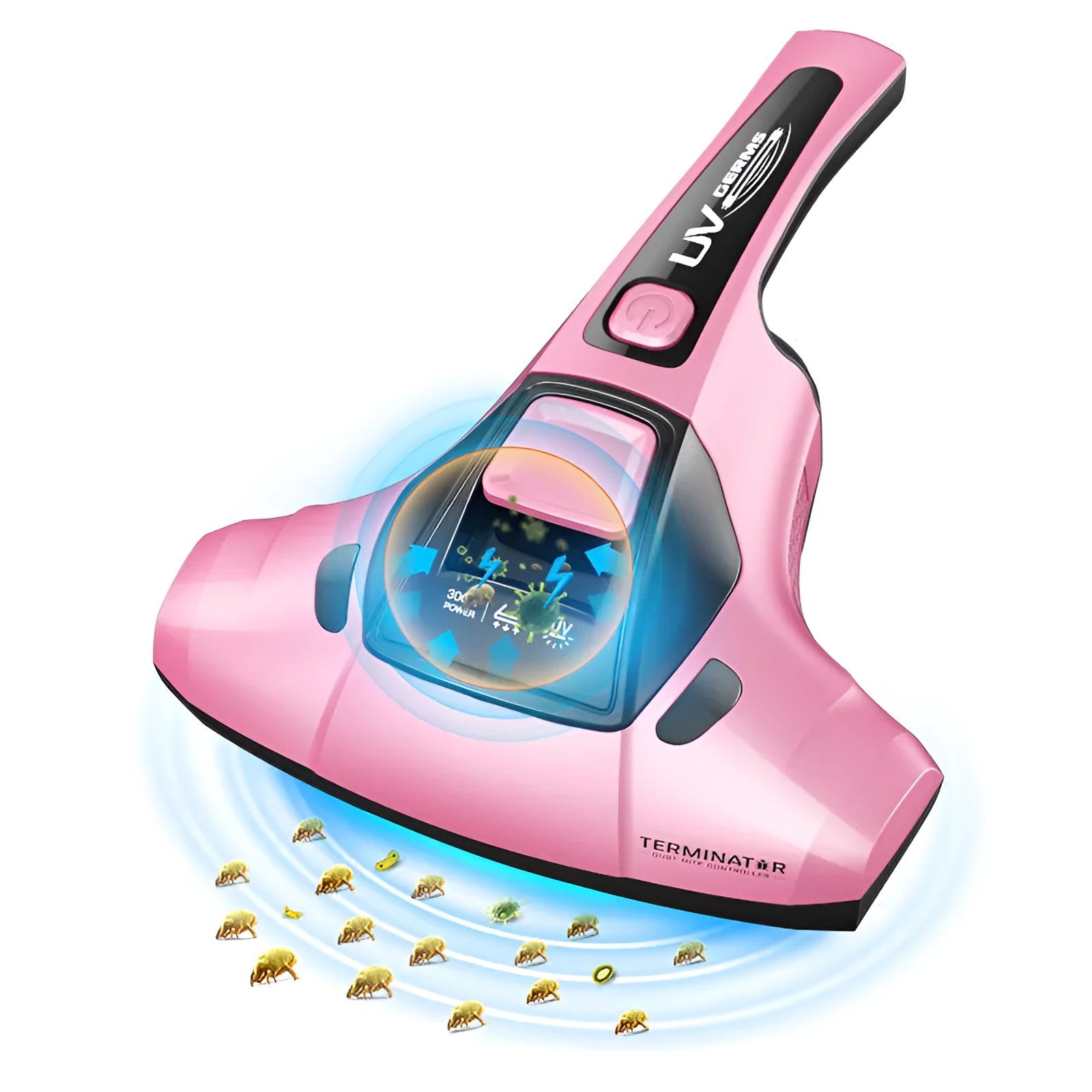 Pink handheld dust mite vacuum cleaner on a mattress showing its size and cleaning nozzle.