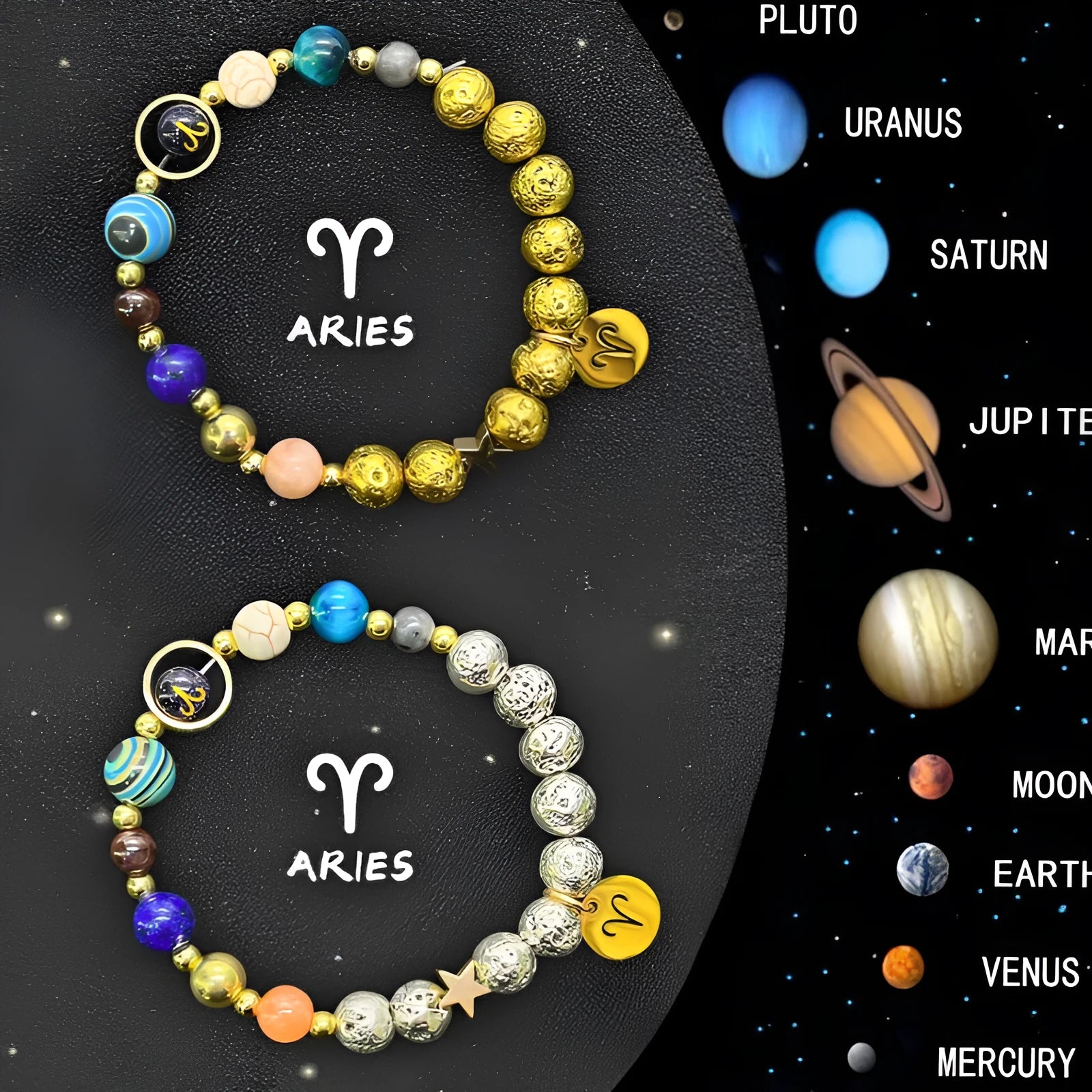 Two natural stone beaded bracelets showing zodiac sign charms on a wooden surface.