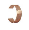 Stainless steel metal watch strap replacement band in silver, black, gold, and rose gold colours.