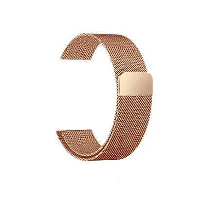 Stainless steel metal watch strap replacement band in silver, black, gold, and rose gold colours.