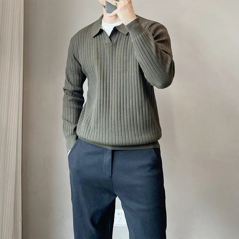 Boys loose elastic knitted sweater in modal fabric with stripe lapel detail