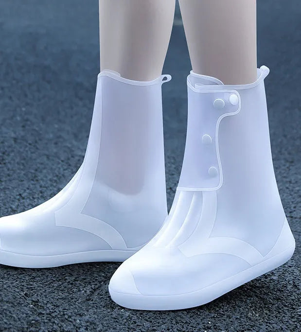 Women's white PVC high-top waterproof shoe covers with anti-skid soles for rainy day outdoor use