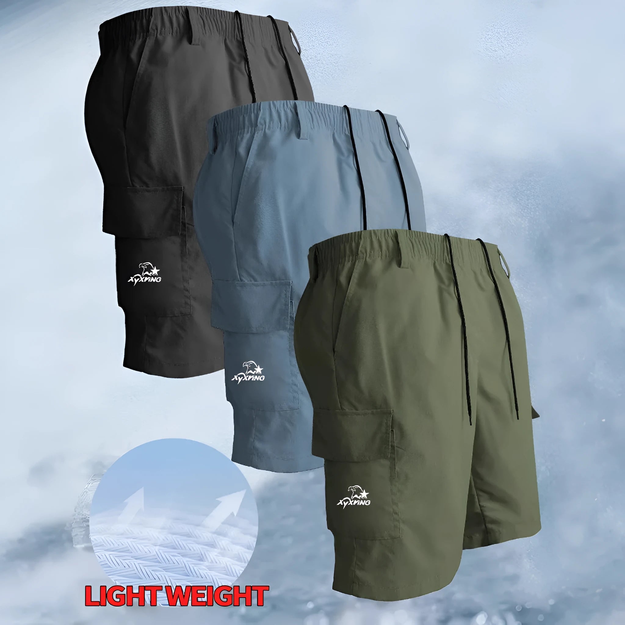 Man wearing loose straight-leg sports shorts in blue, made from polyester fibre.