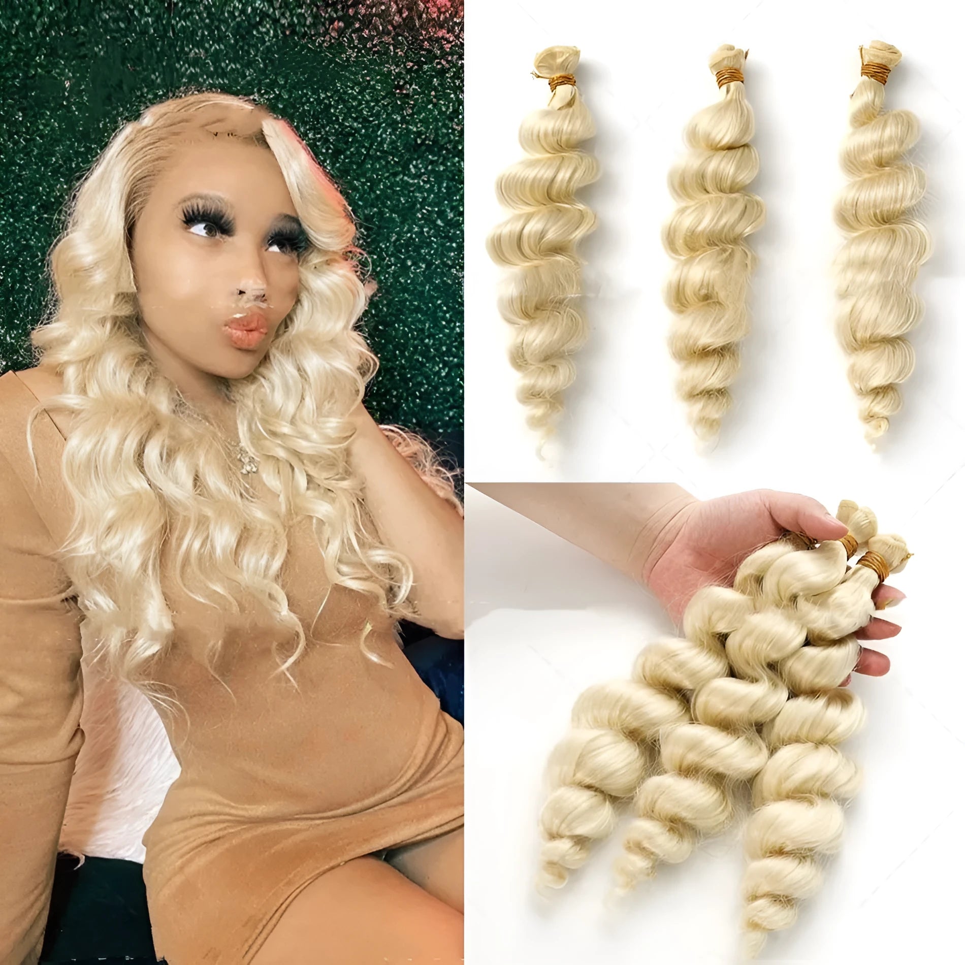 Golden synthetic high temperature fibre hair weft wig for ladies, shown in 18, 20, and 22 inch lengths.