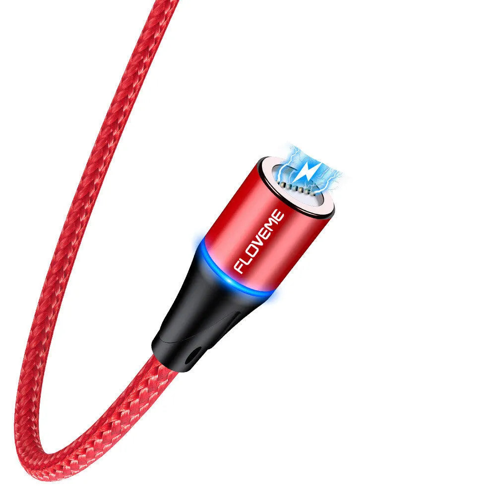 A black magnetic fast-charge data cable with LED light on the connector, next to a smartphone.