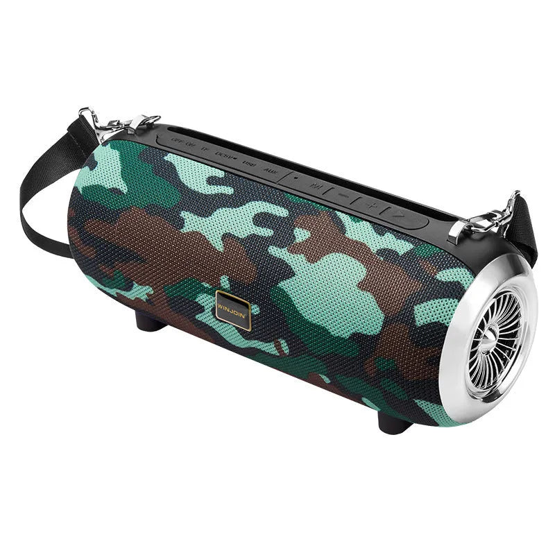 F666 mini square fabric portable Bluetooth speaker with shoulder strap and retractable FM antenna.