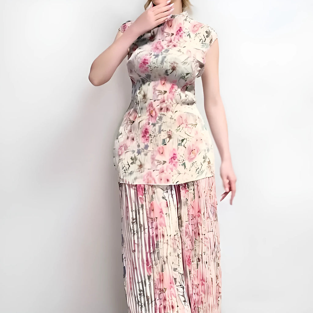 Women's long sleeve printed chiffon dress with high waist, shown in picture colour.