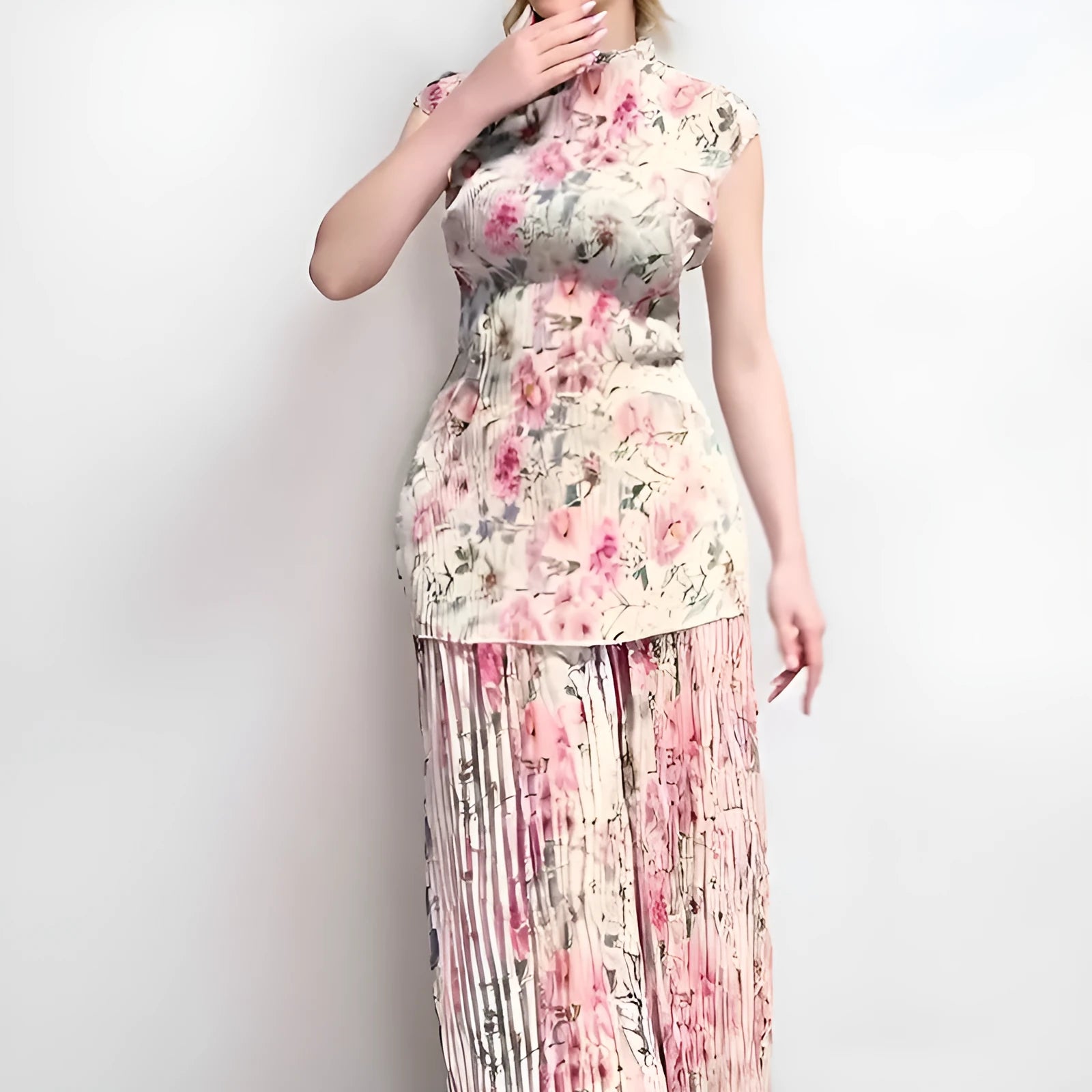 Women's long sleeve printed chiffon dress with high waist, shown in picture colour.