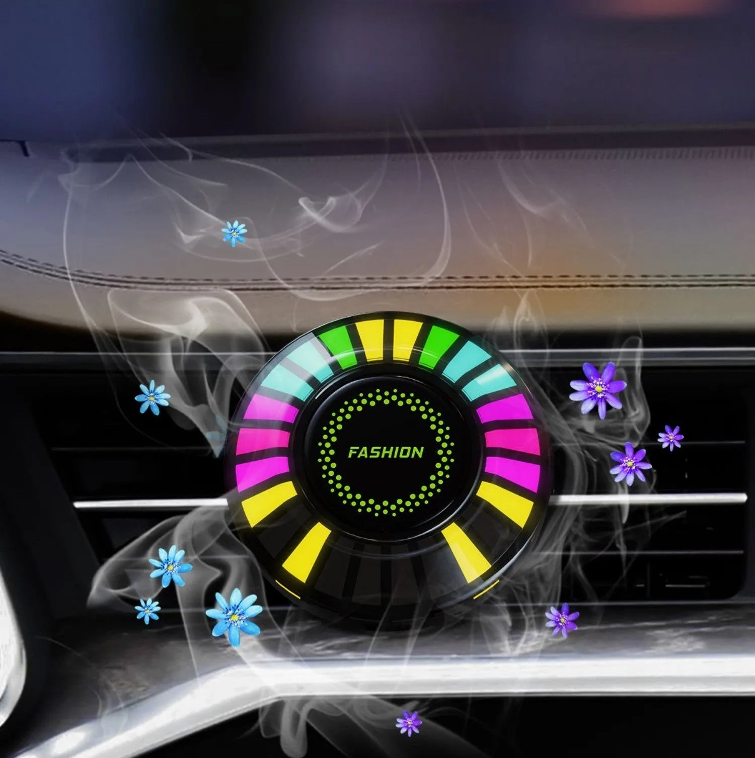 3D RGB car atmosphere light with aromatherapy mounted on a vehicle air outlet vent showing colorful lighting effects.