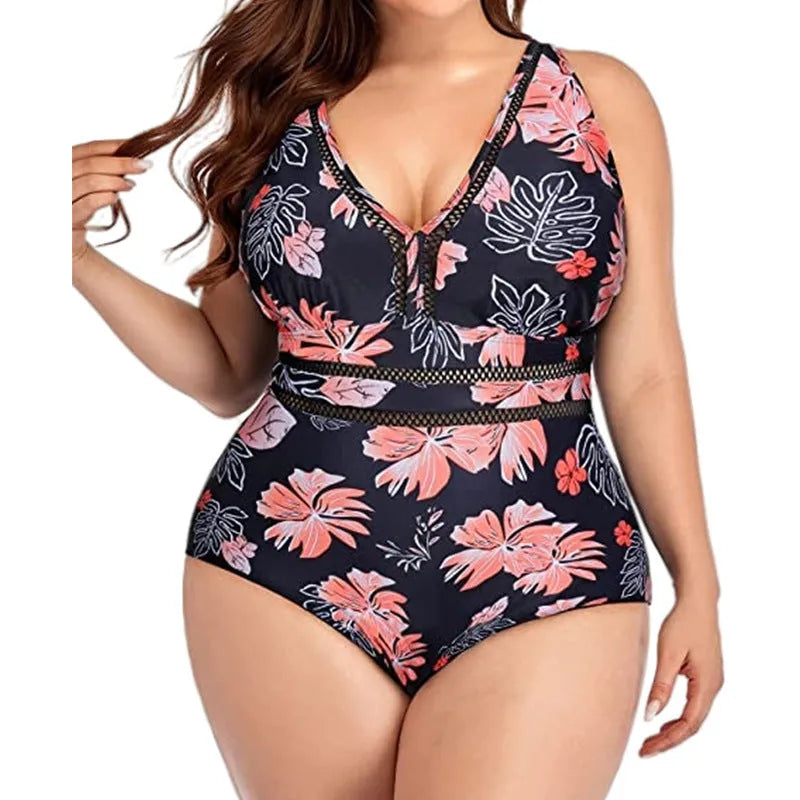 Black plus size women's bikini with mesh printing and Siamese stitching in sizes S to 5XL