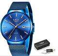Stainless steel men's watch with 40mm dial, shown in black, blue, and black/blue colour variations.