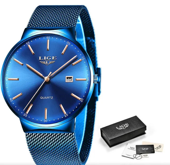 Stainless steel men's watch with 40mm dial, shown in black, blue, and black/blue colour variations.