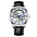 Men's silver case mechanical watch with white dial, blue luminous hands, and black leather strap.
