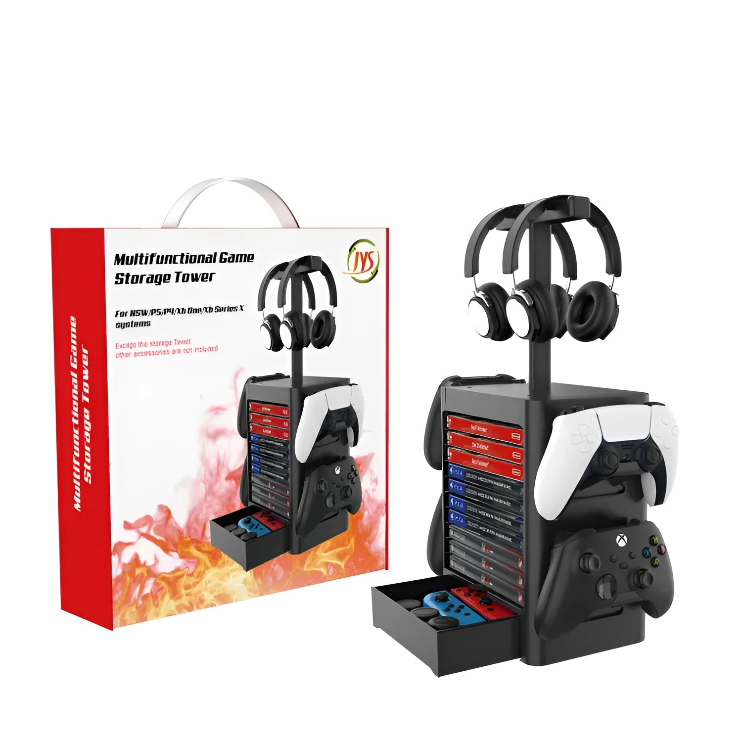 Black gaming console storage rack with side controller hangers, top headphone stand, and bottom accessory drawer