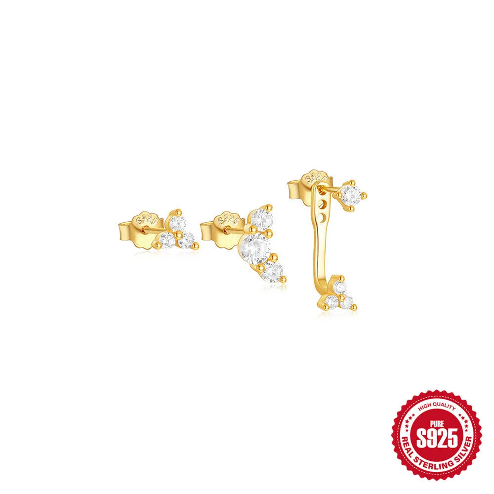 S925 sterling silver geometric earrings with zircon tassels in gold tone colours