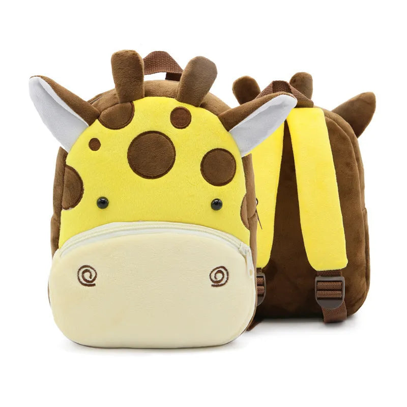 Soft plush children's backpack with cartoon animal design, showing zippered main compartment.