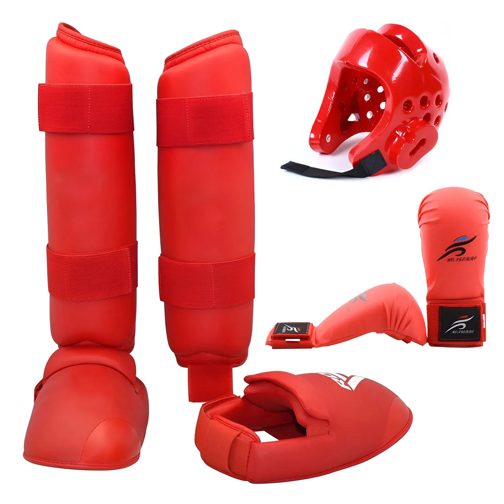Blue karate protective gear set showing helmet, boxing gloves and leg guards for martial arts training