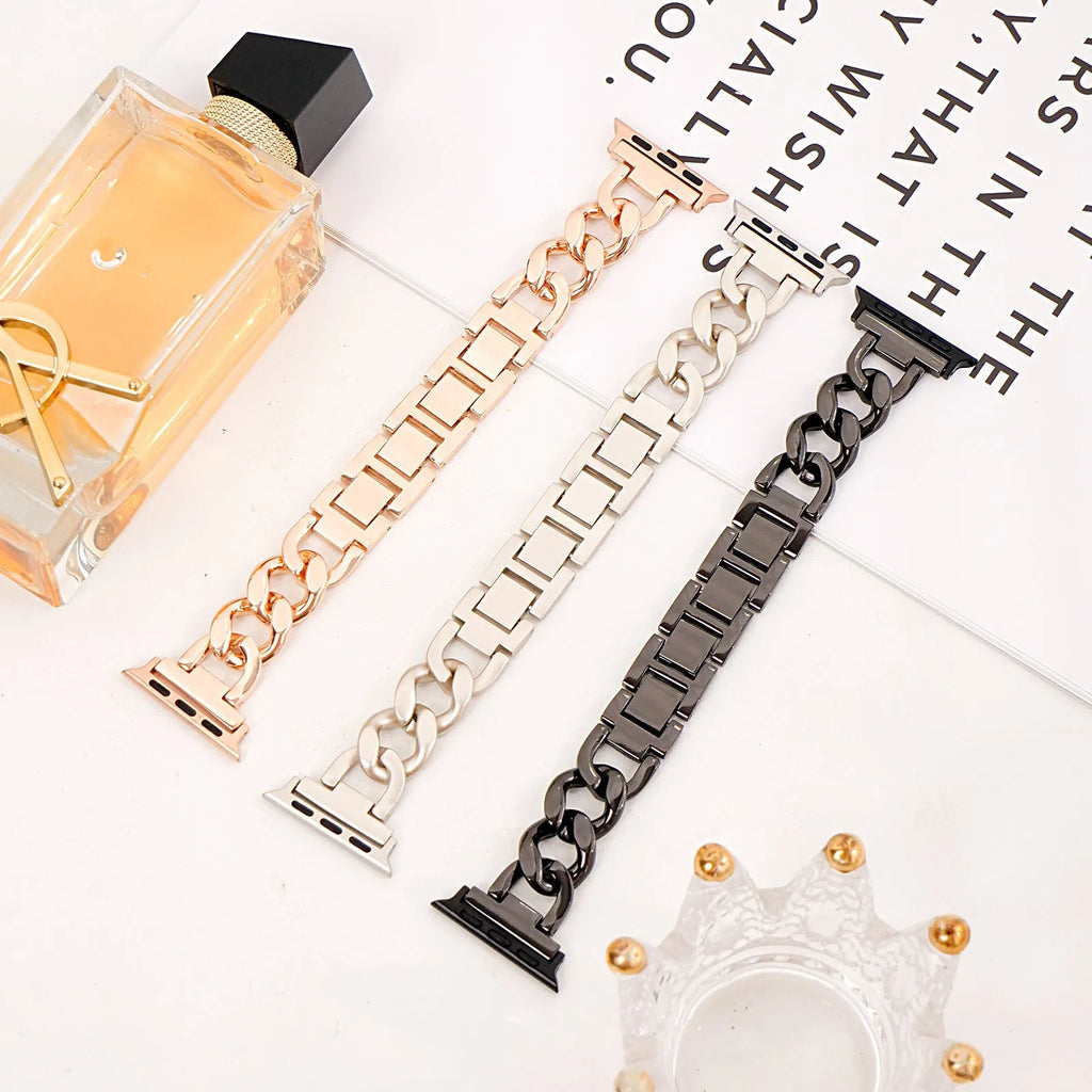 Metal denim chain link Apple watch strap in silver, black, gold, rose gold and Starlight colours