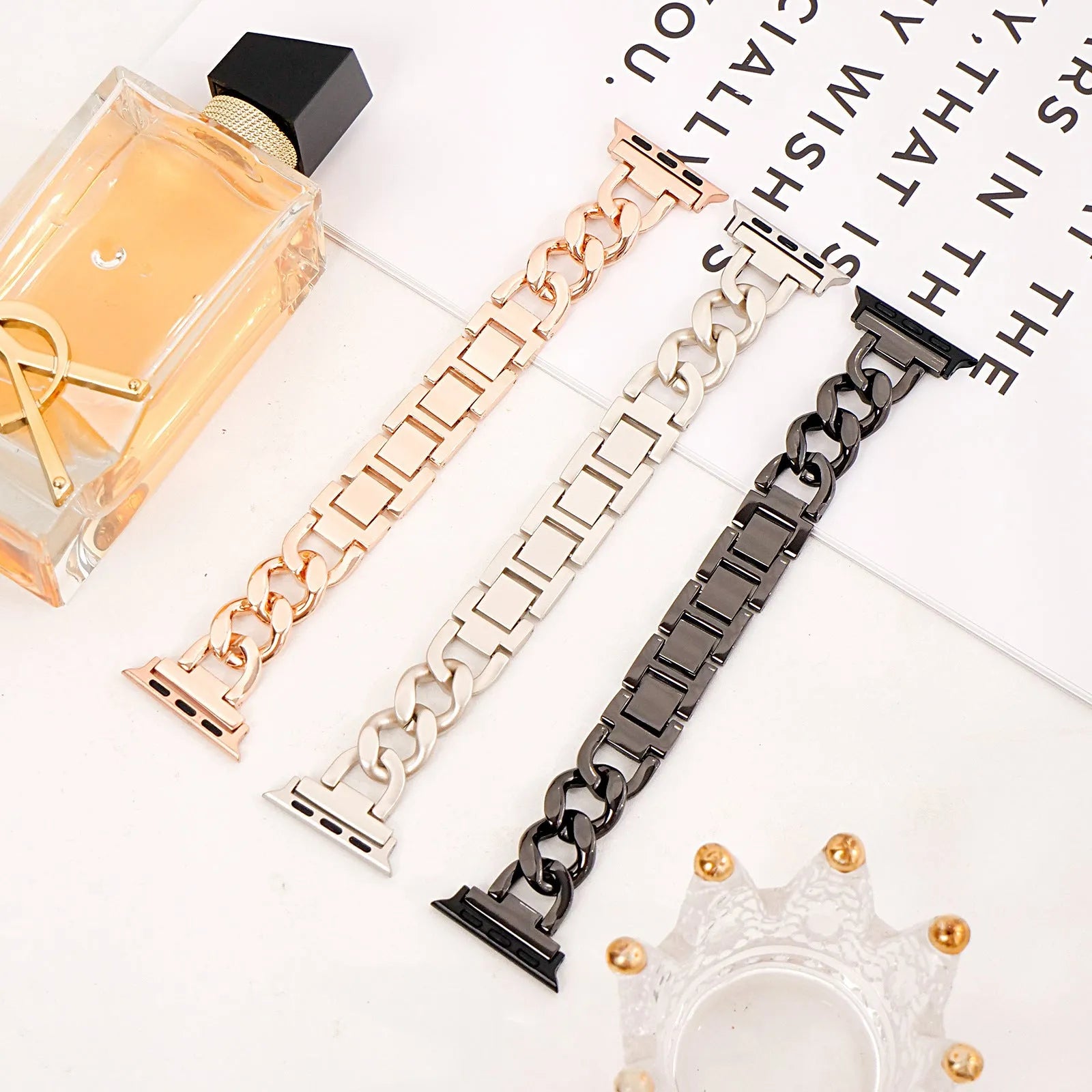Metal denim chain link Apple watch strap in silver, black, gold, rose gold and Starlight colours