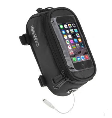 Bicycle frame bag with universal smartphone holder in multiple colours mounted on bicycle handlebars