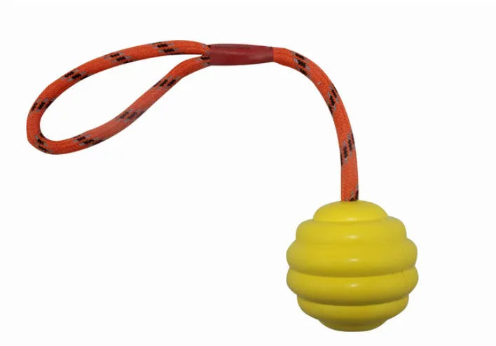 Rubber pet training ball with rope knot texture in multiple colour options