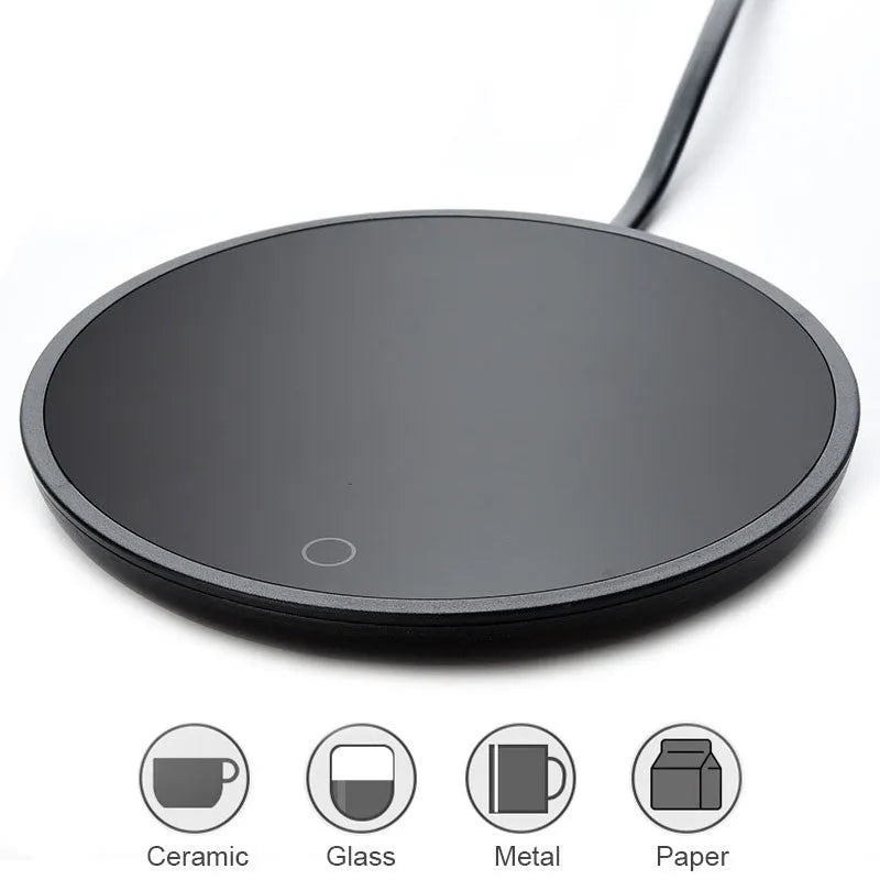 Black circular USB cup warmer pad with a tempered glass surface and dual temperature switch