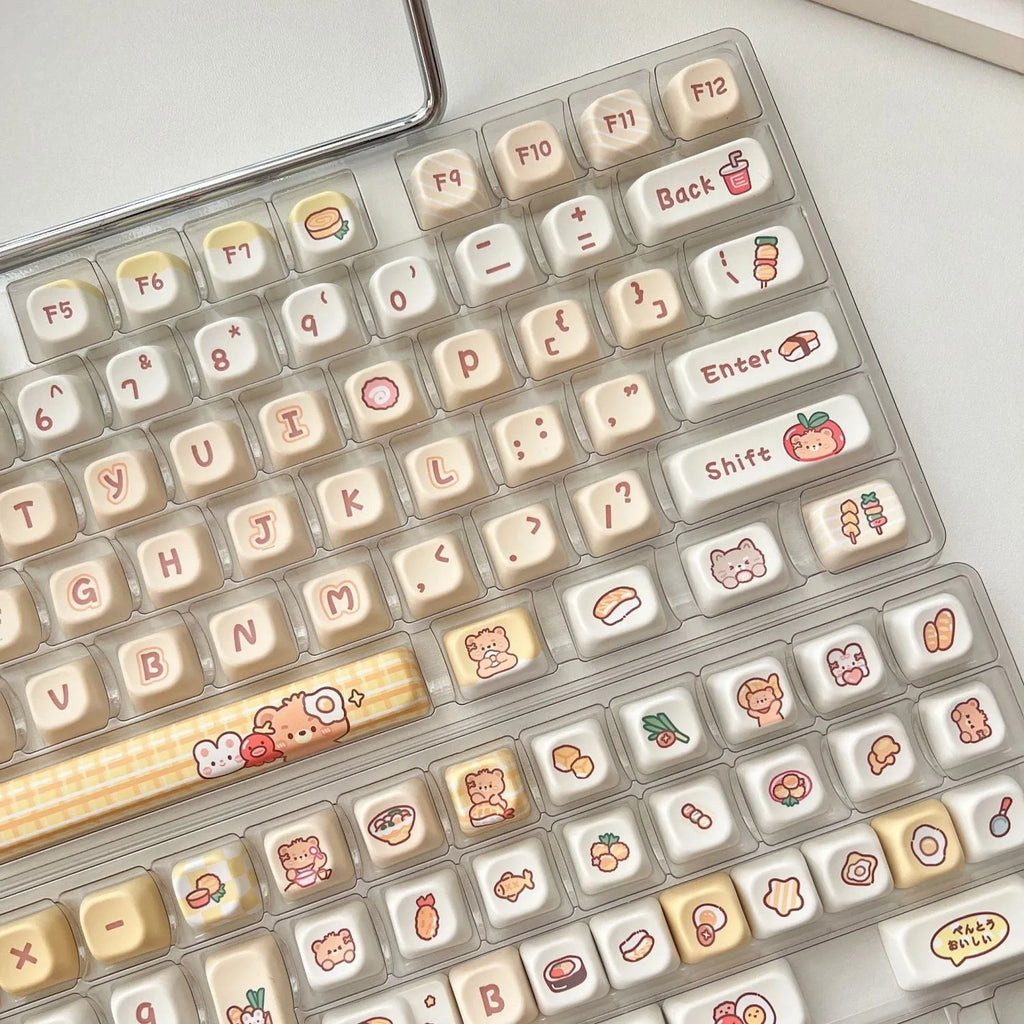 Set of 140 white PBT keycaps with colourful rabbit and bear restaurant theme, showing EOA height profile.