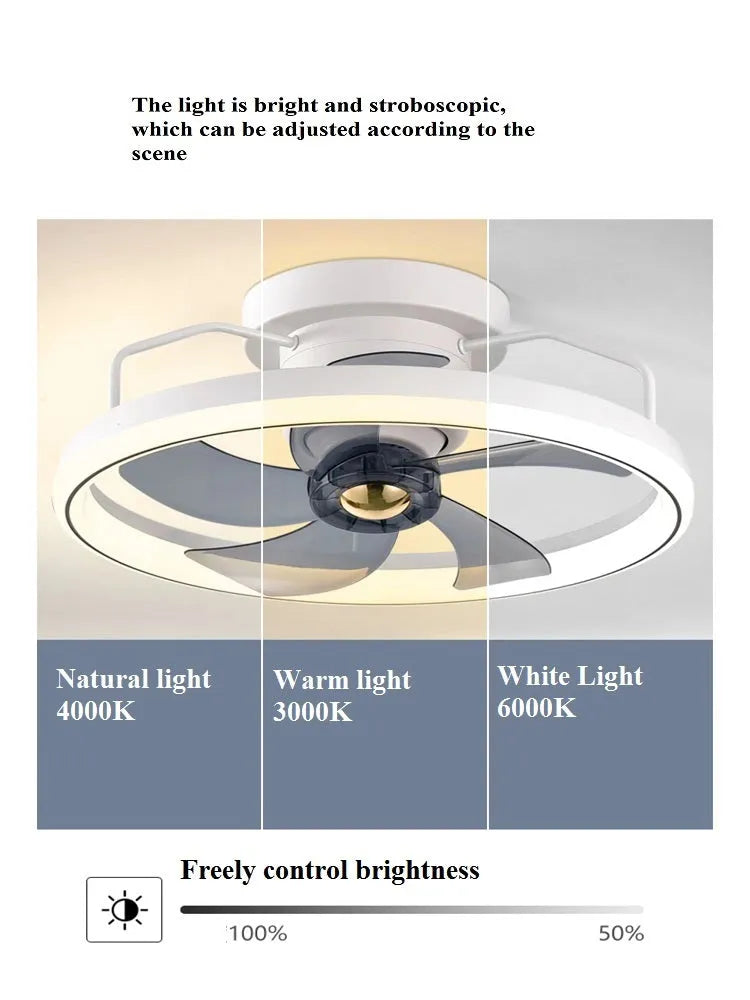 Modern simple style overhead fan lamp with light, white PC blades and acrylic shade.