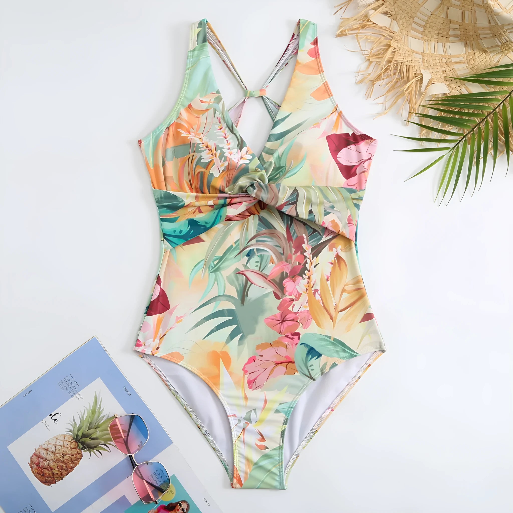 Women's conservative one-piece swimsuit with vintage floral print and short sleeves