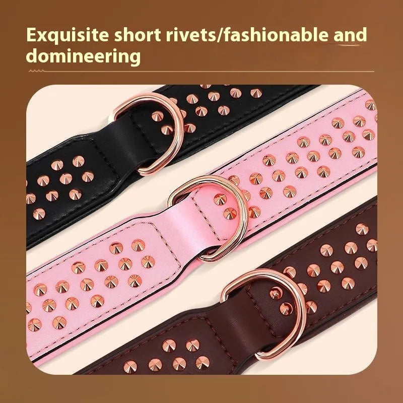 Leather dog collar with flat metal rivets in black, chocolate or pink for bite protection
