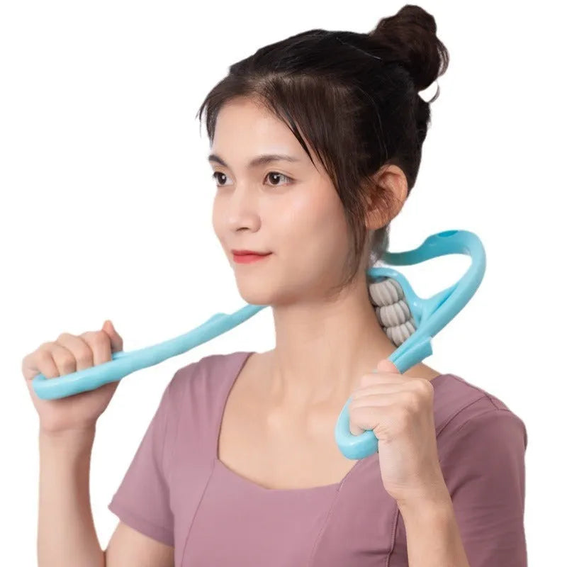 Blue plastic handheld massager with six rotating wheels for shoulder neck and waist relief