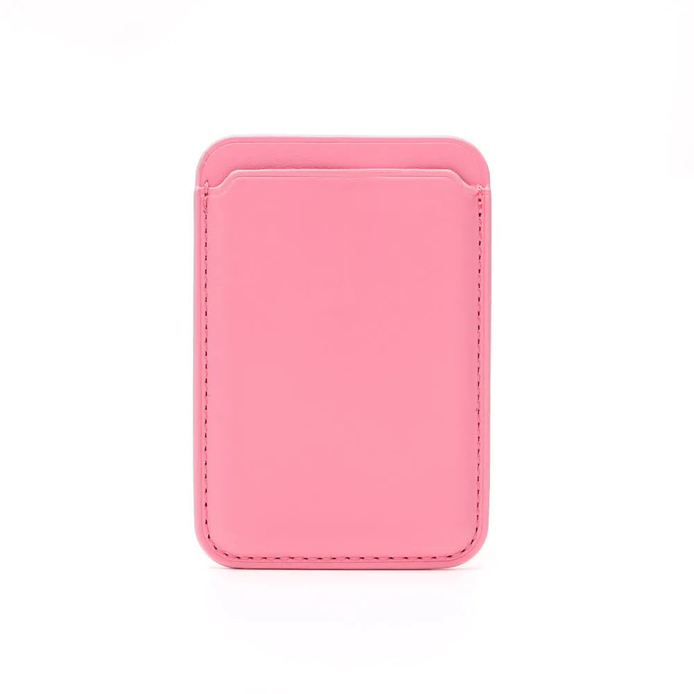 Black PU leather magnetic card holder case attached to the back of an iPhone