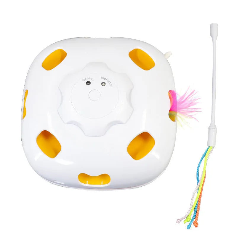 Colourful cat self-play toy with plastic base and interactive teaser rods