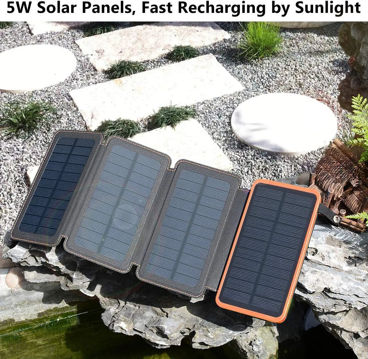 Outdoor solar phone charger in multiple colours showing solar panel, LED light, and leather finish.