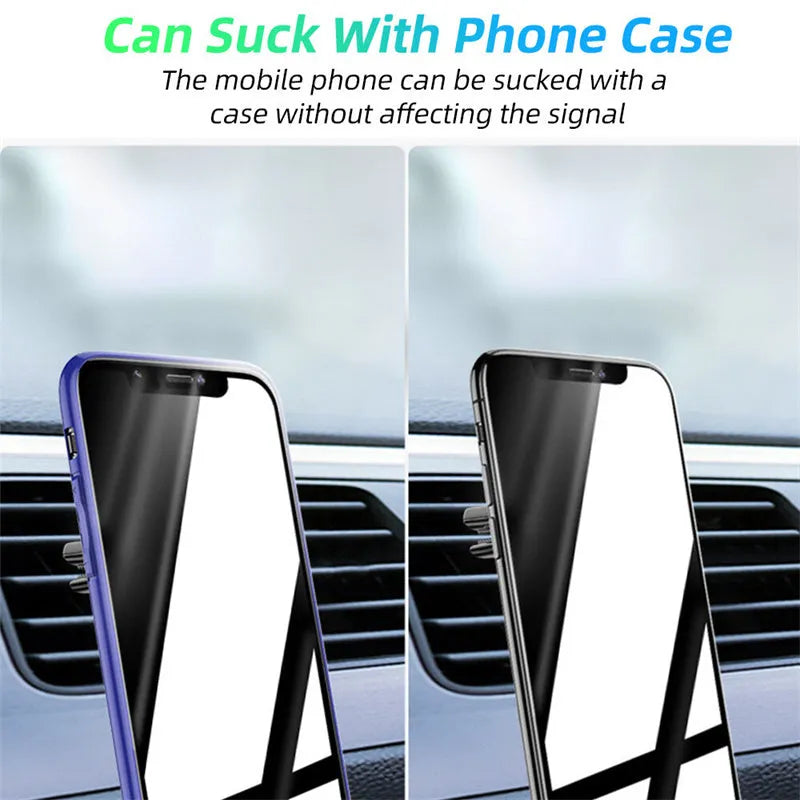 Black magnetic car phone holder clipped to a car air vent, showing a smartphone attached and the included fragrance slice.