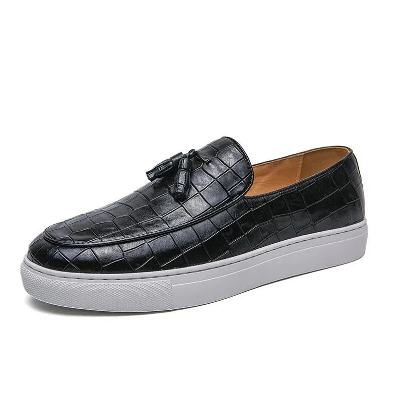 Men's black business casual sneakers with tassel detail and round toe design