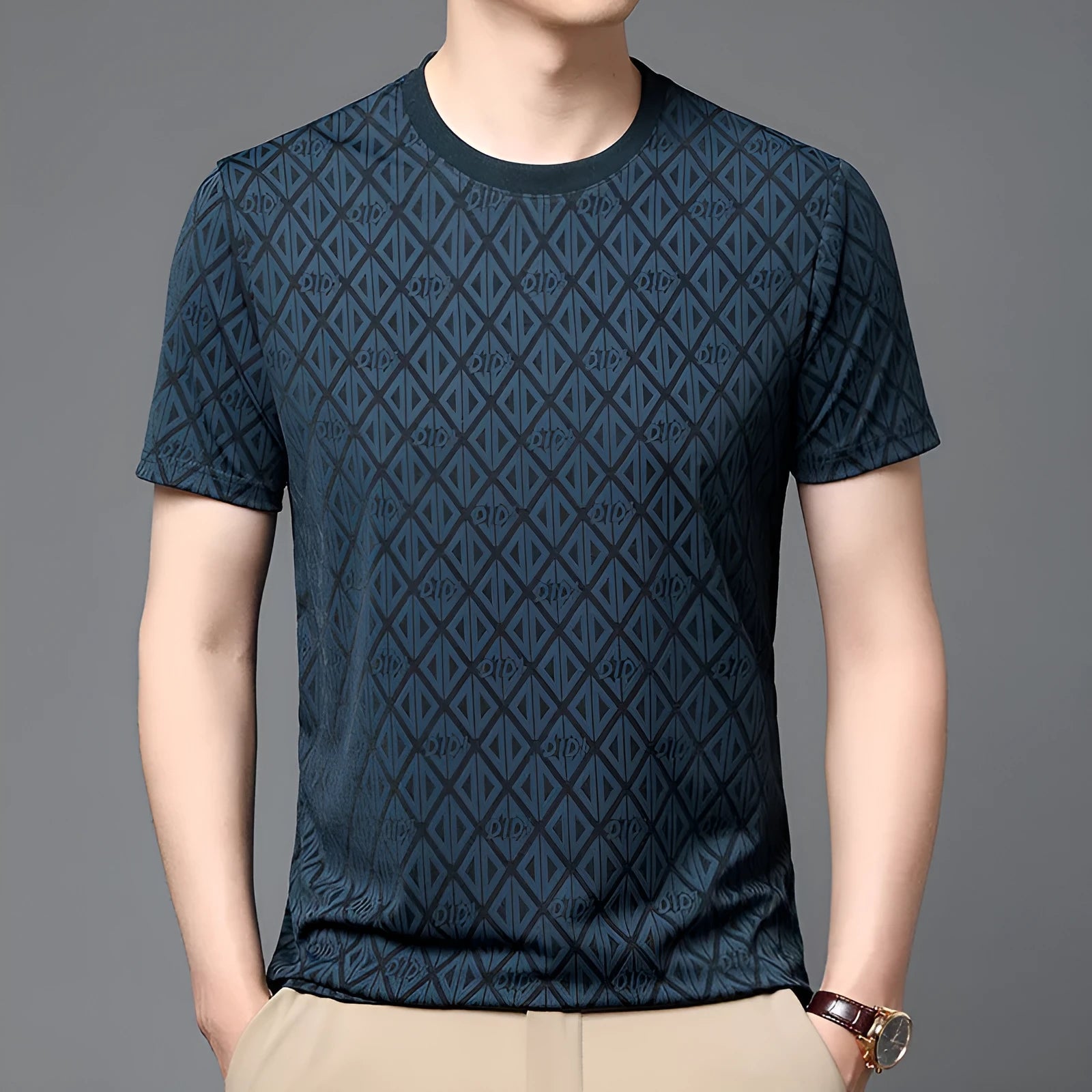 Men's loose fit round neck short sleeve t-shirt in ice silk jacquard fabric