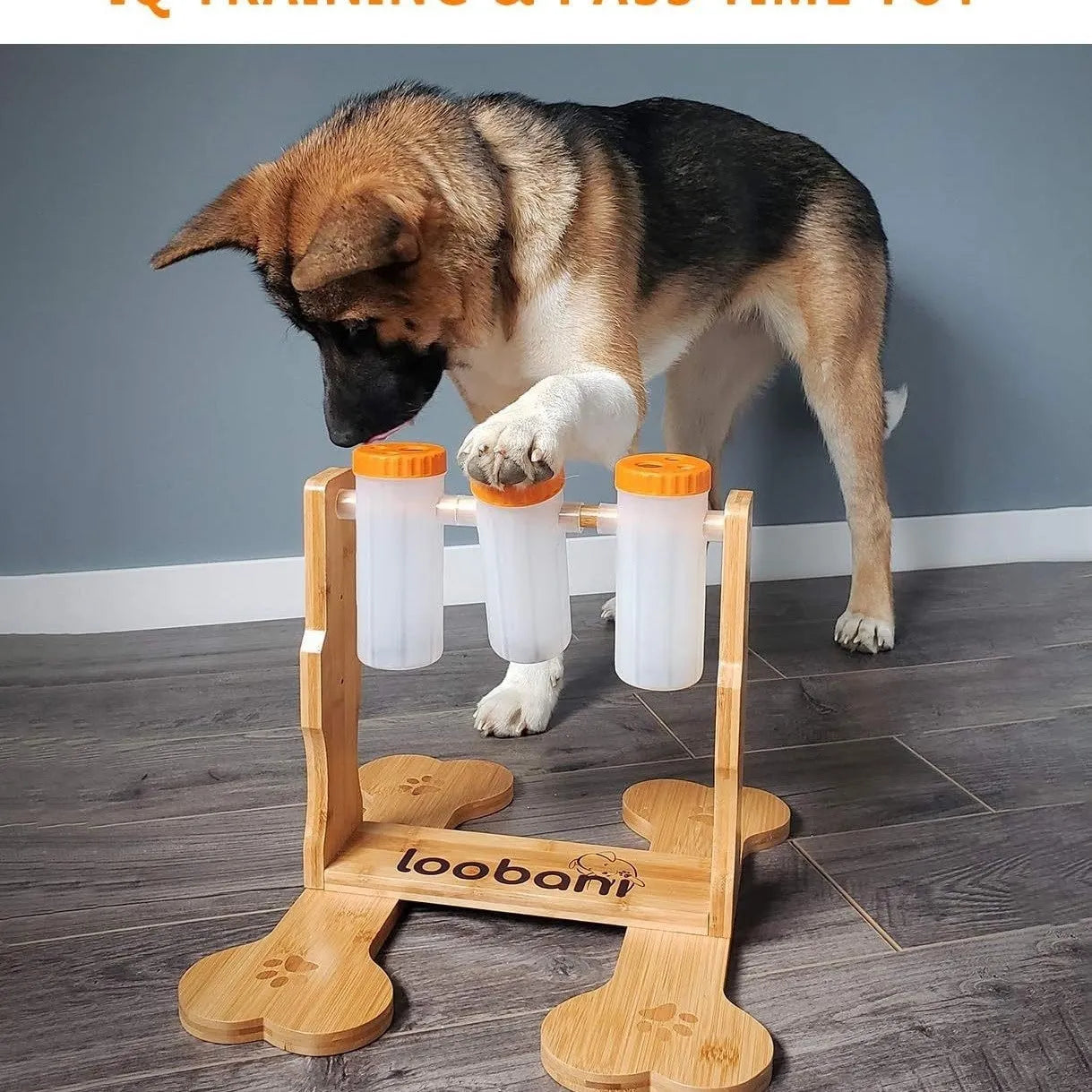 Wooden interactive dog puzzle toy and slow feeder with treat compartments, dimensions 31x30x20cm.