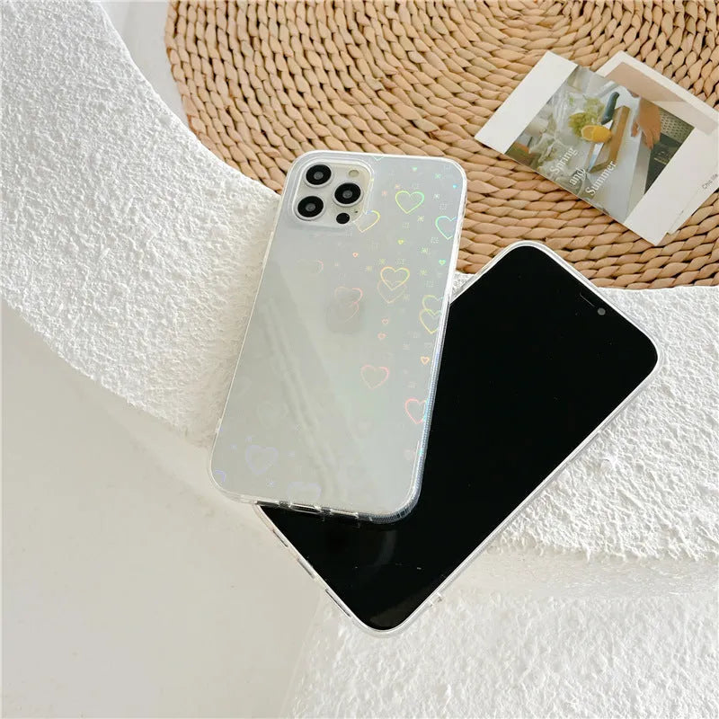 Transparent silicone iPhone case with laser colourful love design shown on iPhone