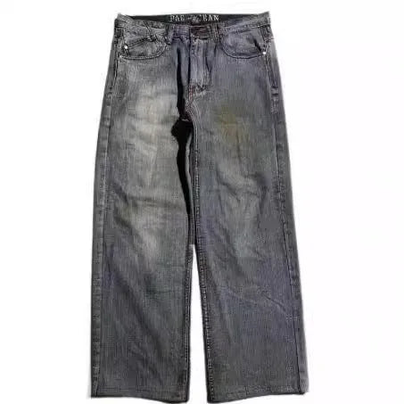 Grey washed-out men's jeans with a wide-leg, straight-cut retro workwear design.