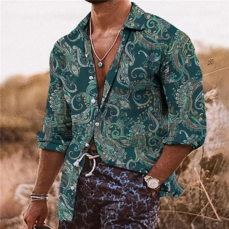Men's casual shirt with 3D floral pattern in loose fit long sleeve design
