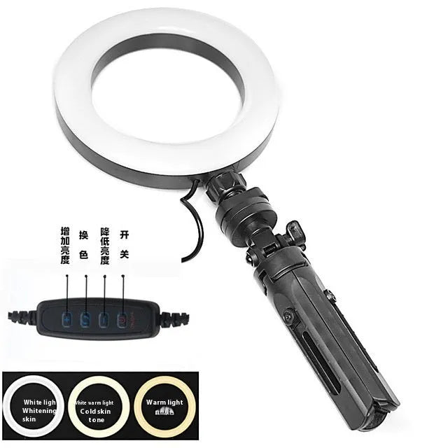 Black desktop tripod with phone bracket and adjustable fill light for mobile video recording