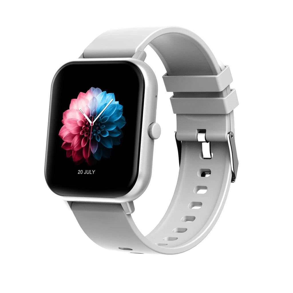One-Click Link AI Voice Heart Rate Smart Watch in black, silver, pink, and khaki on wrist.