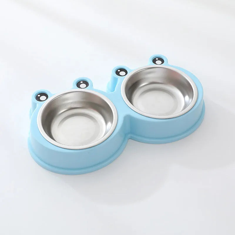 Stainless steel frog-shaped pet bowl set with separate food and water compartments