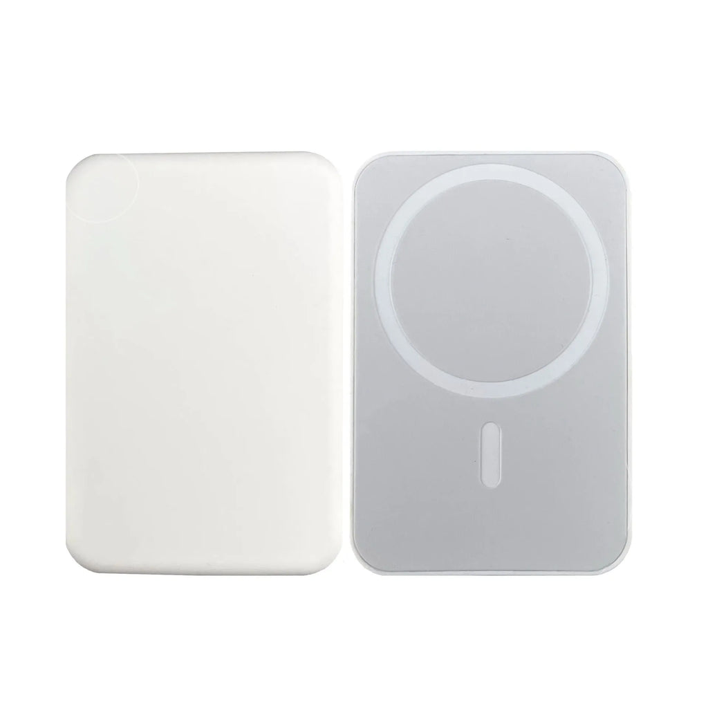 White magnetic wireless power bank with stand functionality showing 5000mAh capacity