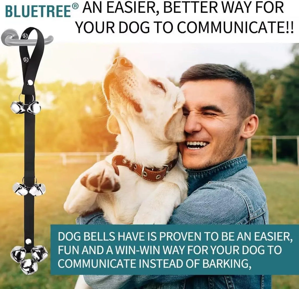 Adjustable dog training doorbell with seven silver metal bells on a heavy-duty nylon strap